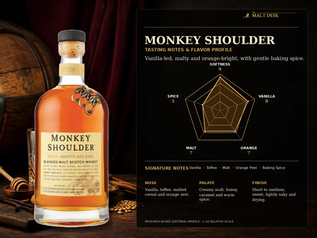 Monkey Shoulder tasting notes infographic with vanilla, orange, malt and spice profile