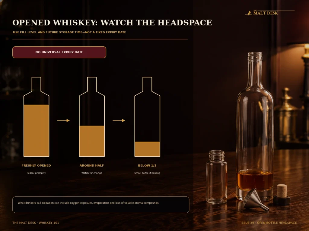 Opened whiskey storage guide showing headspace from a newly opened bottle to below one third remaining
