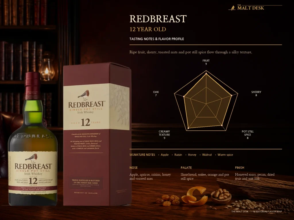 Redbreast 12 tasting notes and five-axis flavor profile for fruit, sherry, pot still spice, creamy texture and oak