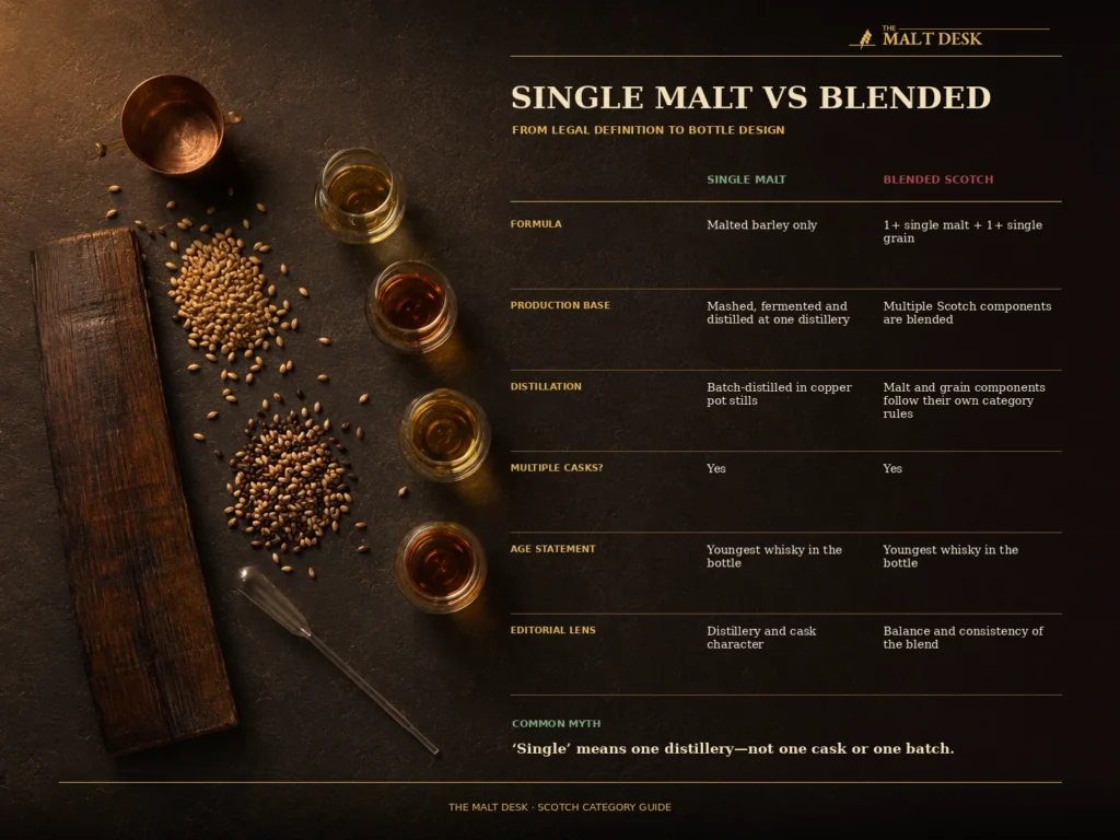 Single malt versus blended Scotch comparison by grain, distillery, casks and age statement