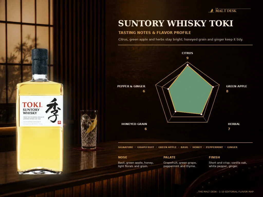 Suntory Toki tasting notes and one to ten flavor map for citrus green apple herbs honeyed grain pepper and ginger