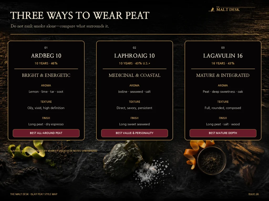 Ardbeg 10, Laphroaig 10 and Lagavulin 16 peat styles compared by aroma, texture and finish