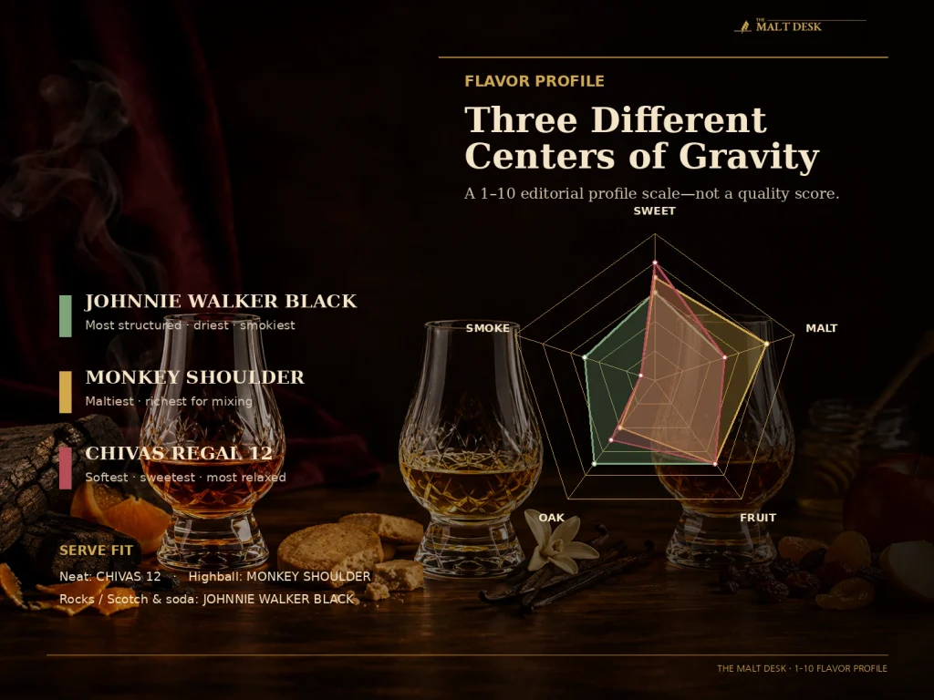 Flavor comparison of Johnnie Walker Black, Monkey Shoulder and Chivas Regal 12