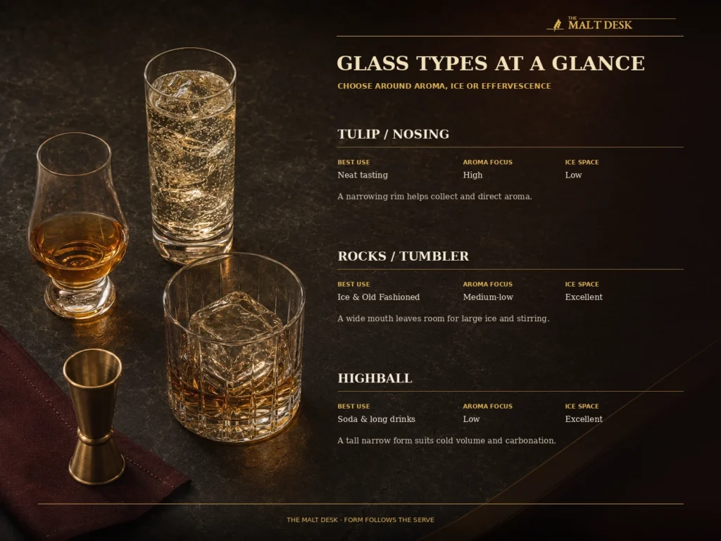 Whiskey glass types compared by best use, aroma focus and room for ice
