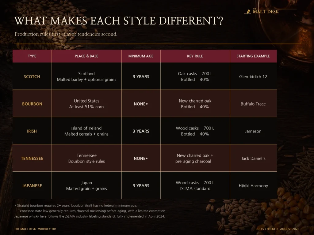 Comparison of origin, grain, minimum age and production rules for five whiskey types