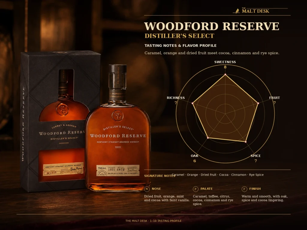 Woodford Reserve tasting profile showing sweetness 8, fruit 7, spice 7, oak 6 and richness 7