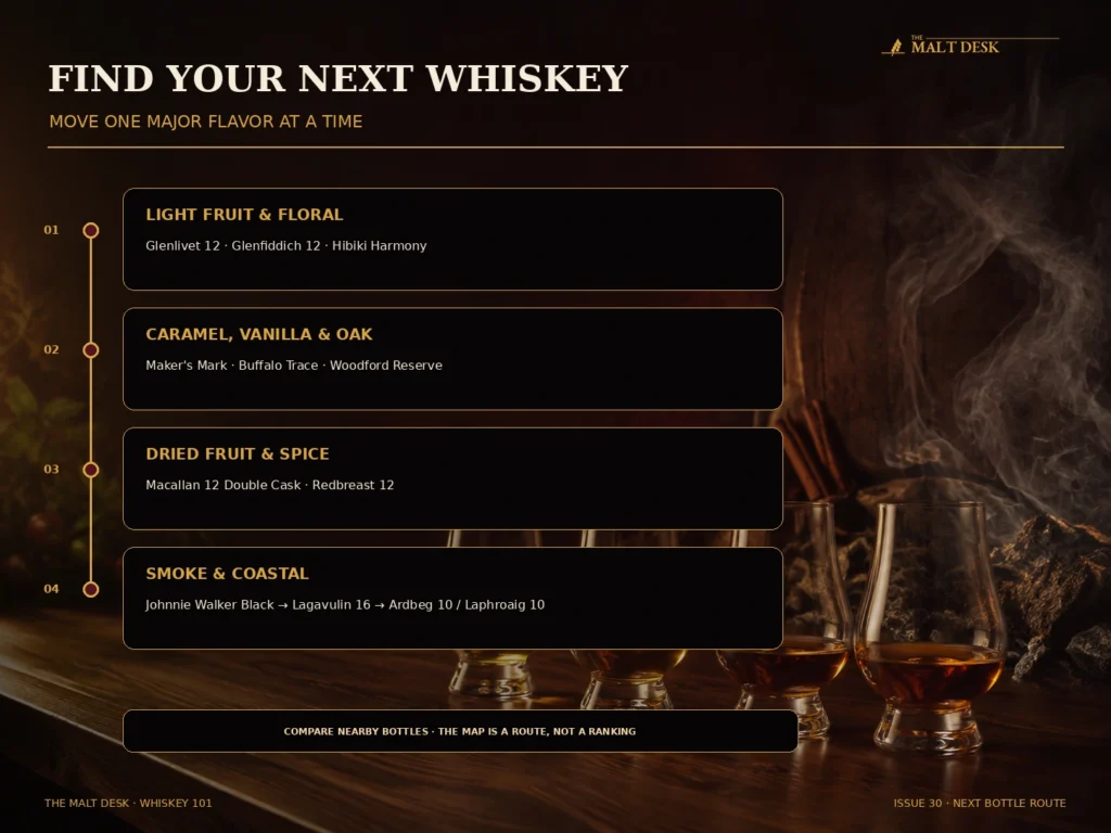 Whiskey recommendation guide covering light fruit and floral, caramel and vanilla, dried fruit and spice, and smoke and coastal styles