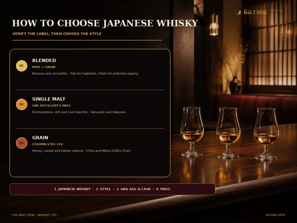 Japanese whisky buying guide comparing blended, single malt and grain styles and what to check on the label