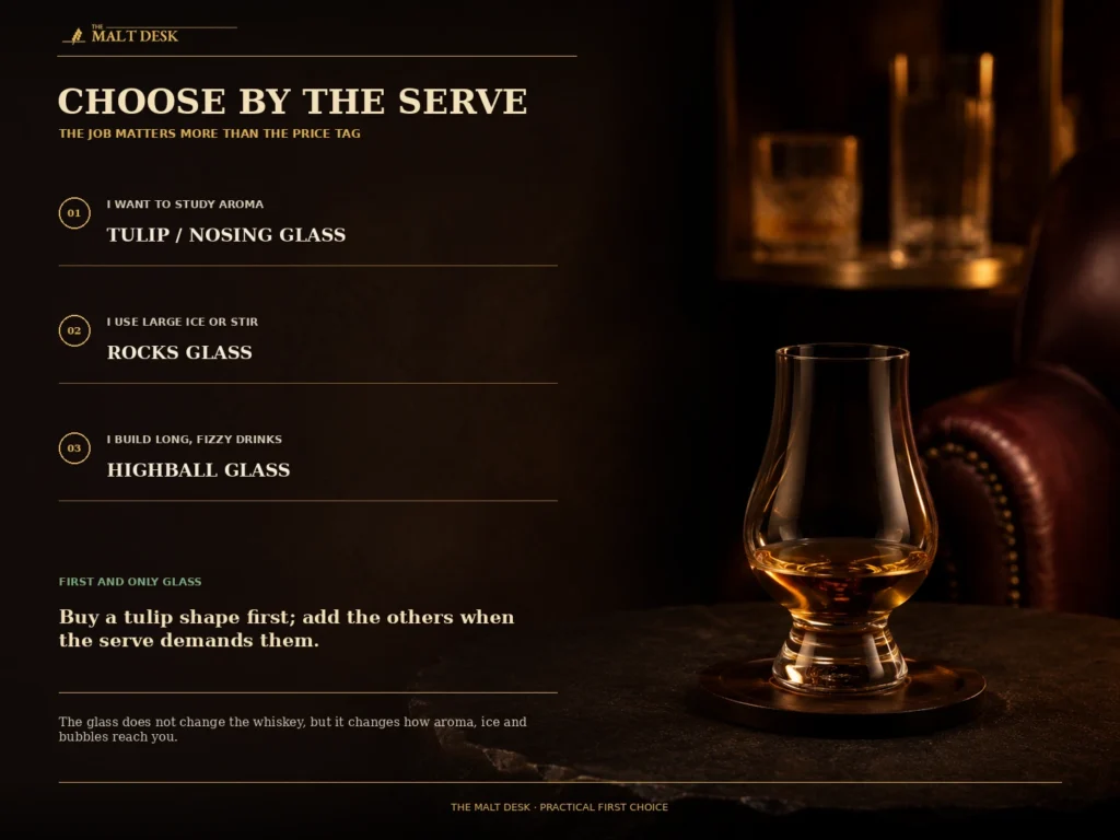 Choice guide for selecting a tulip, rocks or highball glass by serving style