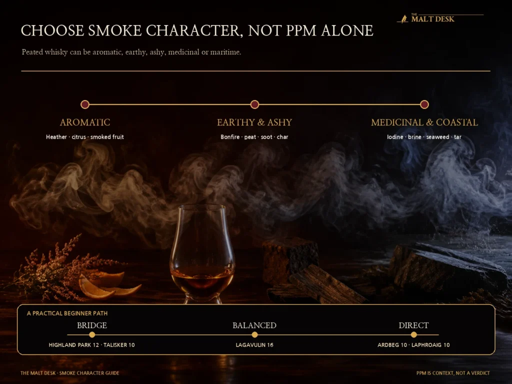 Peated whisky smoke character guide comparing aromatic, earthy and ashy, and medicinal and coastal styles