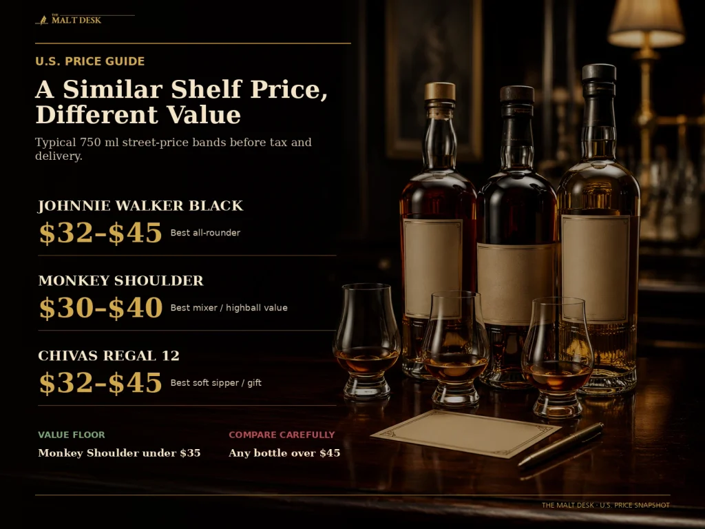 U.S. price and value comparison for three popular Scotch whiskies