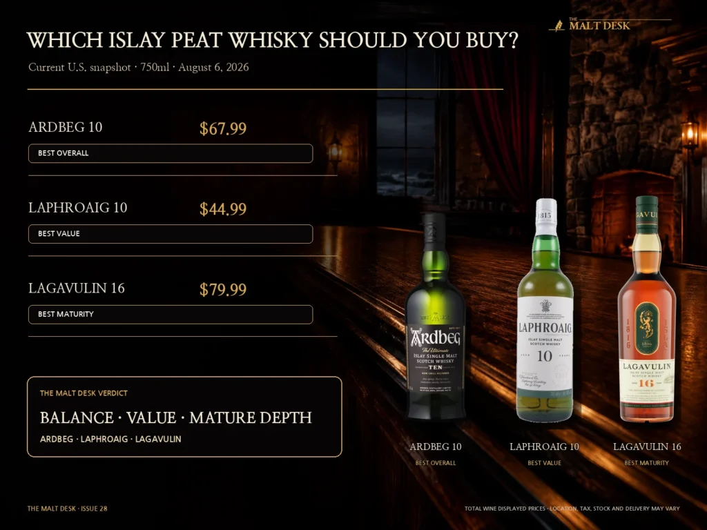 Ardbeg 10, Laphroaig 10 and Lagavulin 16 U.S. price comparison and buying verdict checked August 6, 2026