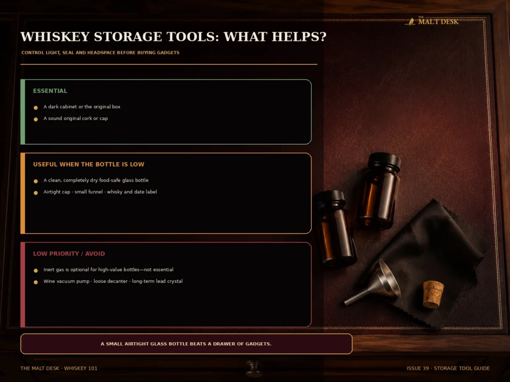 Whiskey storage tools guide comparing a dark cabinet small airtight glass bottle funnel and tools to avoid