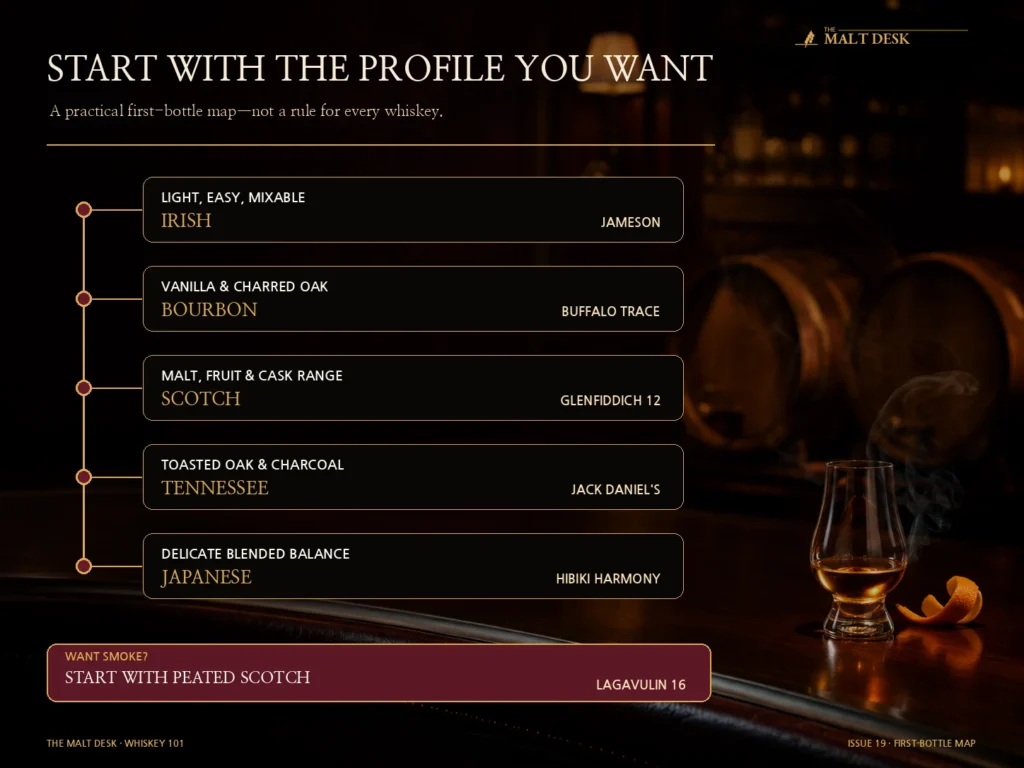 Flavor-first map for choosing an Irish, bourbon, Scotch, Tennessee or Japanese first bottle