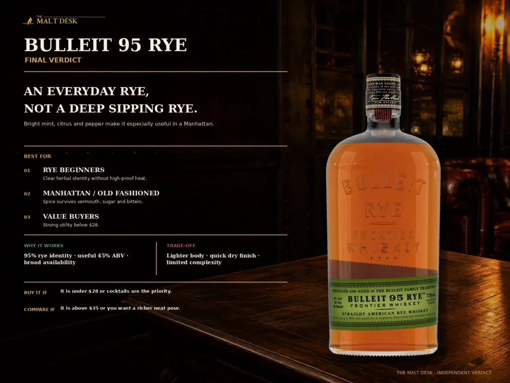 Bulleit 95 Rye final verdict recommending it for rye beginners cocktails and value buyers under 28 dollars