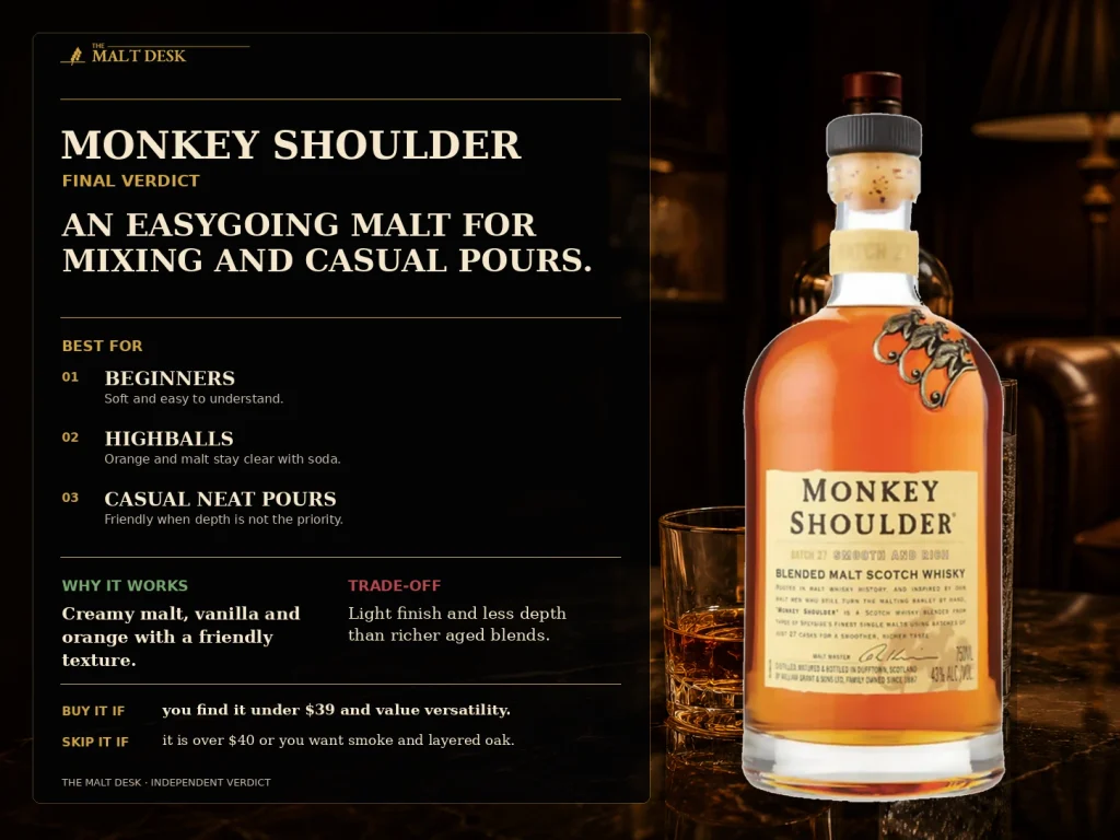 Monkey Shoulder final verdict for beginners, highballs and casual neat pours