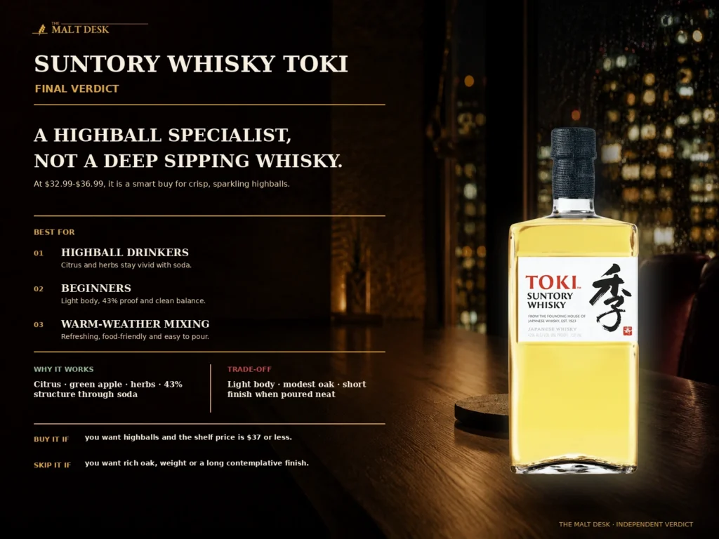 Suntory Toki final verdict recommending it for highballs and warning that neat pours are light and short