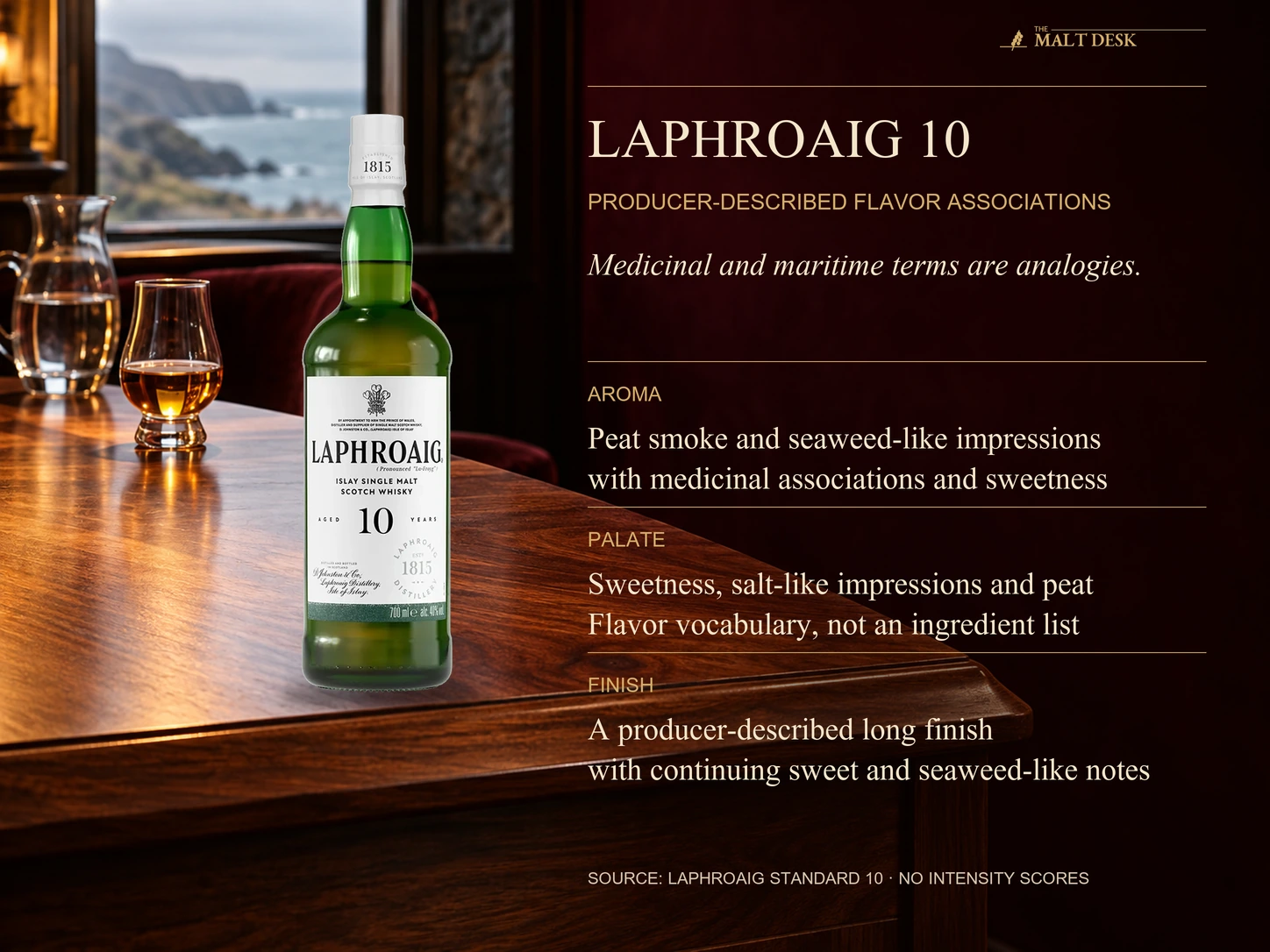Official standard Laphroaig 10 bottle marked 40 percent and 700 ml beside attributed producer smoke, seaweed-like and medicinal aroma with sweetness, sweet and salt-like and peat palate associations, and long sweet seaweed-like finish; analogies rather than medicine, added ingredients or quantified intensity