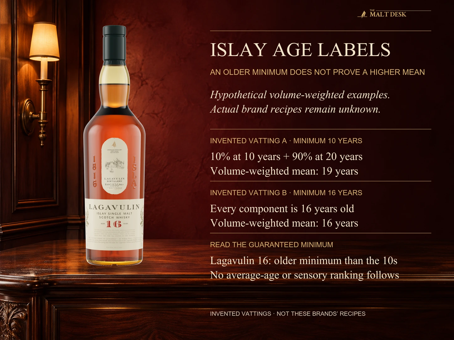 Official standard Lagavulin 16 bottle is illustrative beside two invented vattings rather than actual recipes: ten percent ten-year spirit and ninety percent twenty-year spirit has a ten-year youngest component and nineteen-year volume-weighted arithmetic mean, while all sixteen-year components have both a sixteen-year minimum and mean; Lagavulin 16 guarantees an older minimum than Ardbeg 10 and Laphroaig 10 without proving an older average or a sensory ranking