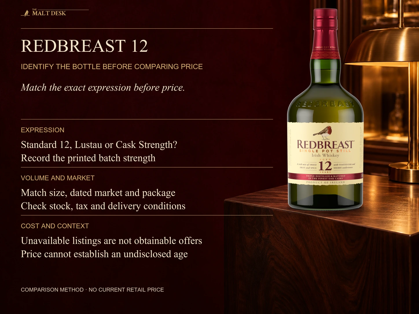 Official standard Redbreast 12 bottle beside expression and batch-strength identification before matching bottle size, dated market, package, stock, taxes and delivery; unavailable listings are not obtainable offers and no current nationwide retail price is invented