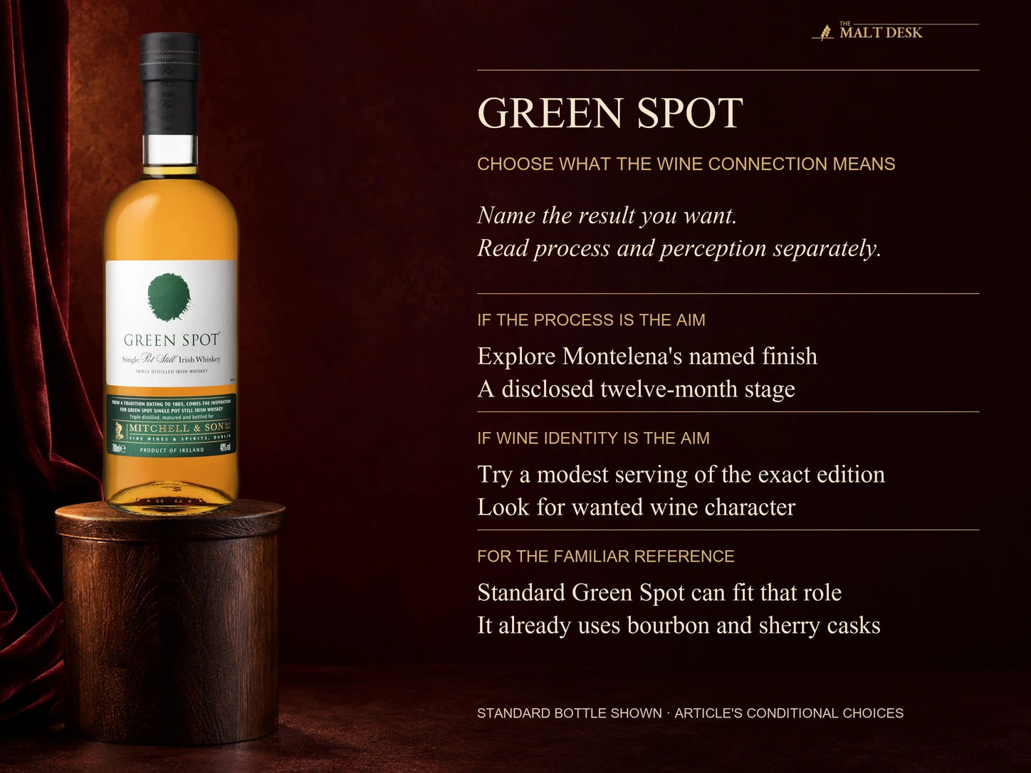 Official standard Green Spot bottle as a reference for the article's conditional choices: explore Montelena for its named Zinfandel finishing process, try an exact-edition modest serving when recognizable wine character is required, or keep standard Green Spot for its orchard-fruit barley and pot-still role; standard already uses sherry casks and no personal tasting or guaranteed wine flavor is claimed