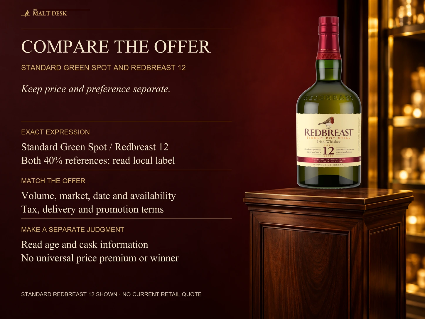 Official standard Redbreast 12 bottle with a price-comparison method for standard Green Spot and Redbreast 12: check exact expression and printed strength, equivalent bottle volumes, dated market and available stock, tax, delivery and promotion conditions, then evaluate age and casks separately without an invented current quote or universal value winner
