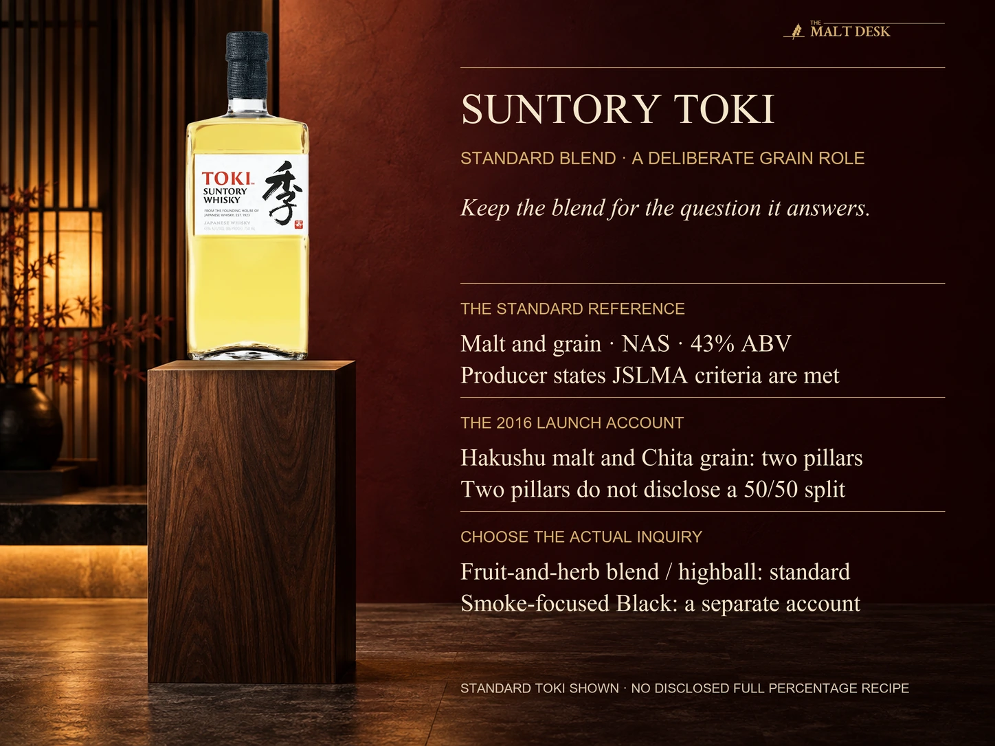 Official standard Suntory Toki 43-percent 750-ml bottle with its NAS malt-and-grain identity and product-specific JSLMA producer statement; the historical 2016 Hakushu-malt and Chita-grain two-pillar design does not disclose equal percentages, and Toki Black has a separate smoke-focused account