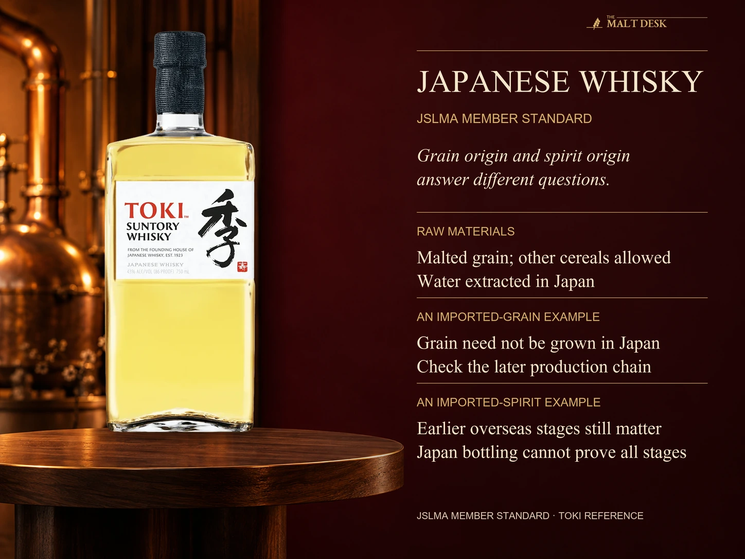 Official standard Toki bottle as a product-specific qualifying producer example for the JSLMA member standard: malted grain and Japanese water requirements do not require every cereal to be grown in Japan, and an illustrative foreign grain shipment differs from imported overseas distillate whose earlier production stages cannot be established by Japanese bottling alone