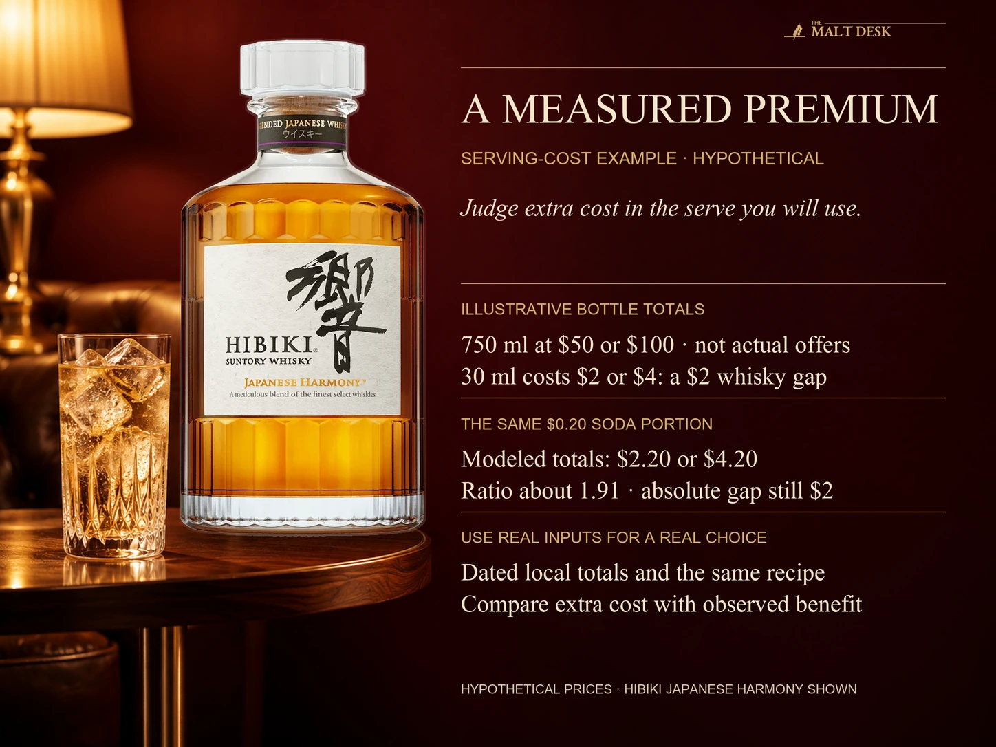 Official Hibiki Japanese Harmony bottle beside an explicitly hypothetical serving-cost example with no product-price assignment: equivalent seven-hundred-fifty-ml bottles costing fifty or one-hundred dollars contribute two or four dollars to a thirty-ml pour, and adding the same twenty-cent soda portion gives 2.20 or 4.20 dollars, about a 1.91 ratio while retaining a two-dollar absolute whisky-cost gap; a real choice needs actual dated offers and observed benefit in the same recipe