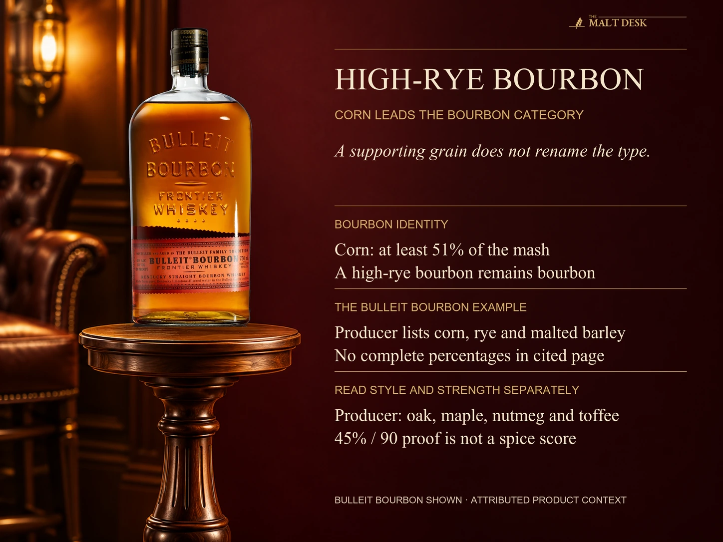 Official standard Bulleit Bourbon bottle marked forty-five percent ninety proof and seven-hundred-fifty ml beside the corn-majority bourbon identity, its producer's corn rye and malted-barley ingredient account without a complete published percentage recipe on the cited page, and attributed oak maple nutmeg and toffee associations; high-rye wording does not make it rye whisky or quantify comparative spice