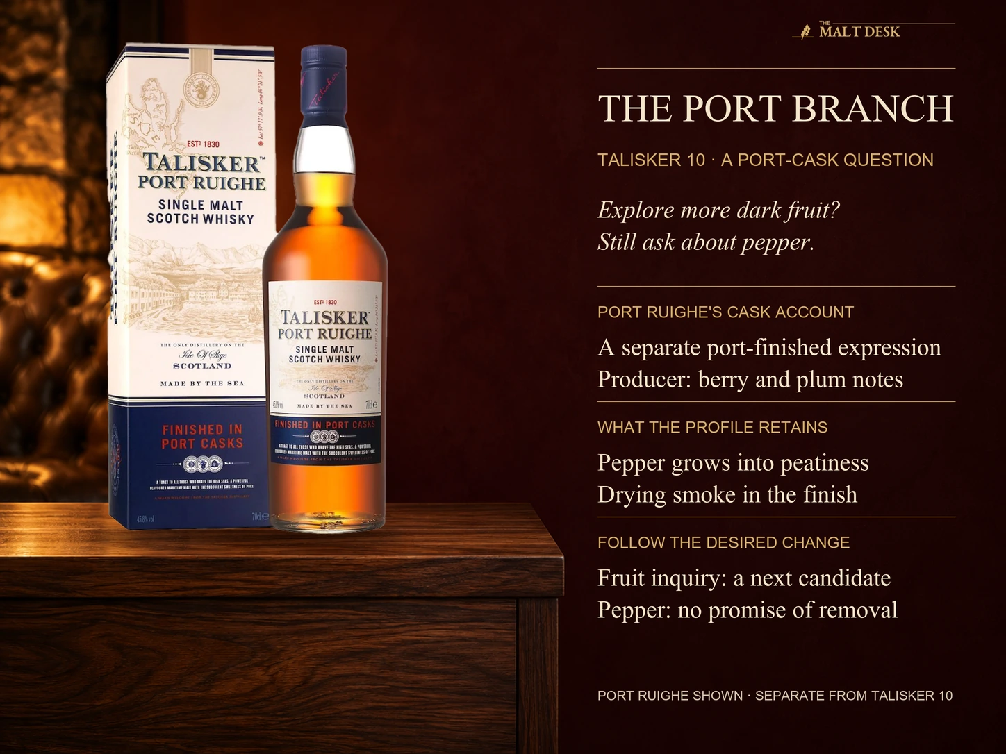 Official Talisker Port Ruighe bottle and package as the article's separate port-cask candidate: producer berry and plum associations coexist with pepper peat and smoke, without promising pepper removal.