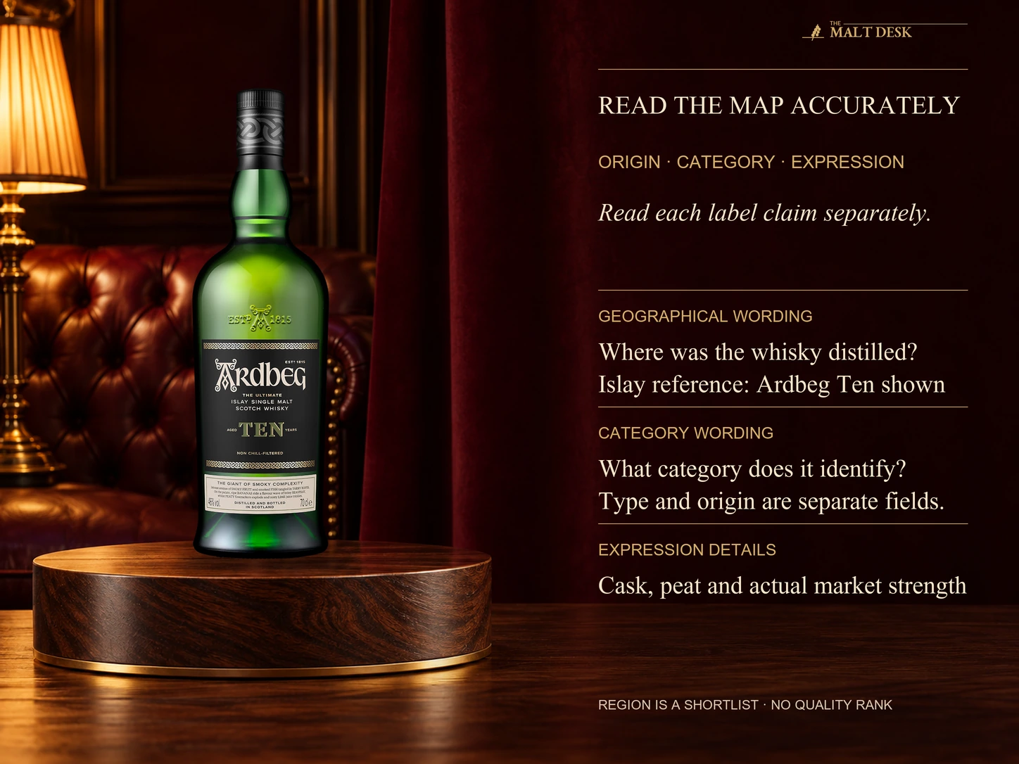 Official standard Ardbeg Ten Islay reference with three map-reading questions: geographical wording concerns distillation origin, category wording distinguishes production and component structure, and expression-specific cask peat and market strength should be read separately. Region alone is not a sensory guarantee or automatic quality ranking, and the bottle image does not establish a warehouse or bottler route.