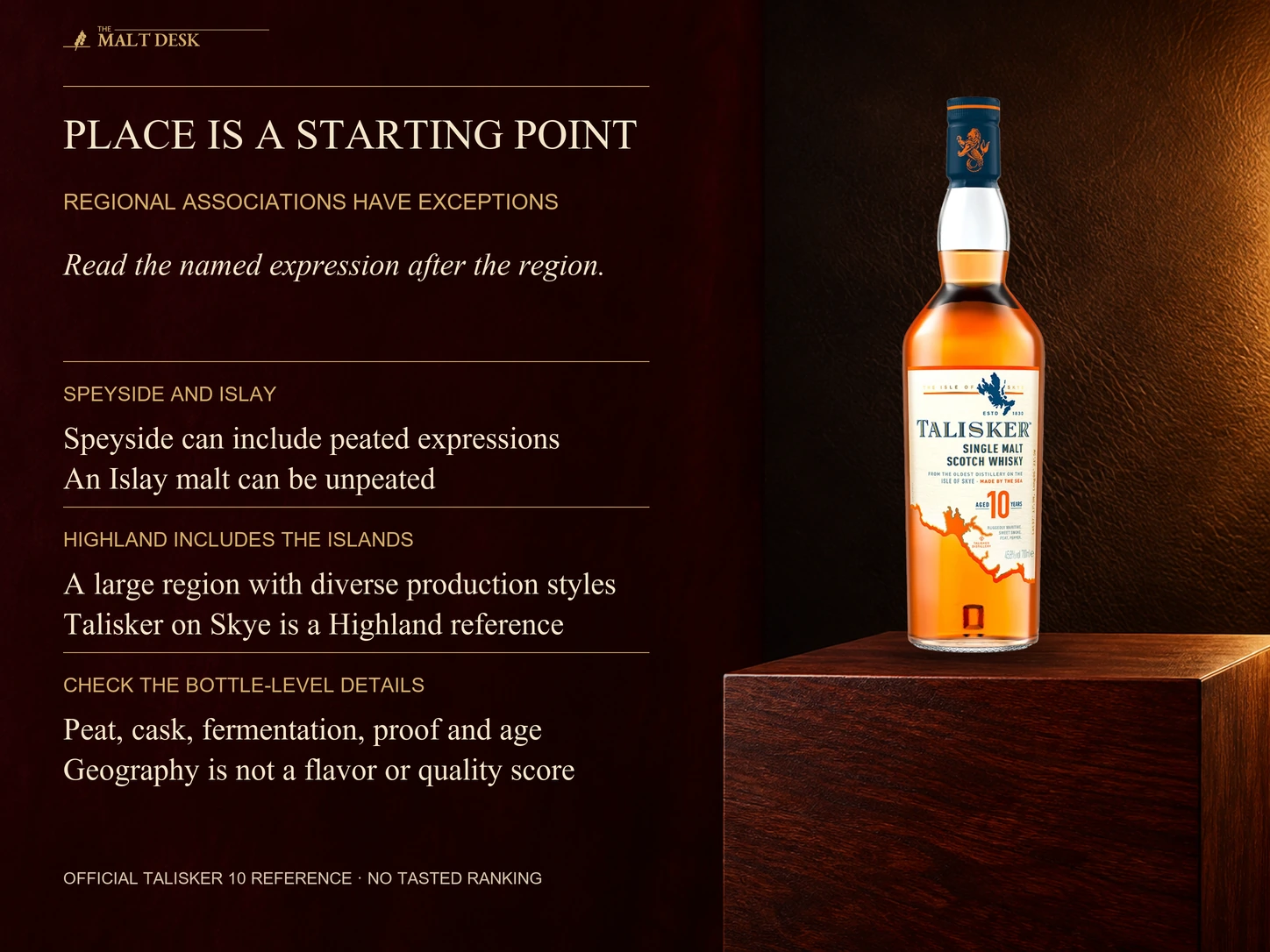 Official standard Talisker ten-year Skye bottle as a Highland island reference: regional flavor associations have expression-level exceptions, Speyside can include peated products and Islay unpeated products, Highland includes islands and diverse styles; compare actual peat cask fermentation strength age and other production details rather than a regional flavor or quality score. No personal tasting ranking is claimed.
