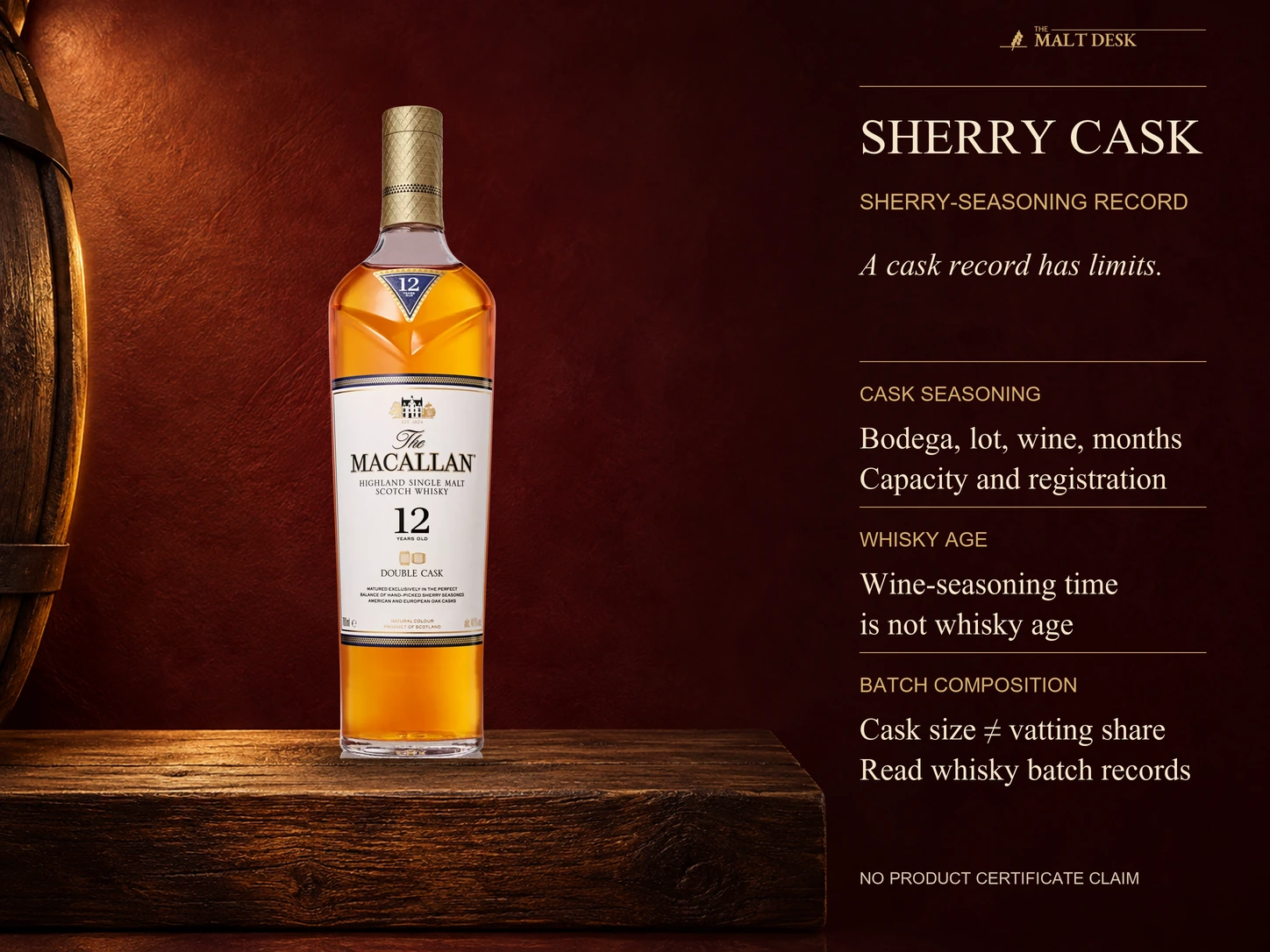 Official Macallan Double Cask twelve-year bottle as a sherry-seasoned product reference with the limits of a Consejo Regulador Sherry Cask seasoning record: bodega lot wine minimum seasoning duration capacity and individual registration identify cask preparation, not whisky age or share in a finished vatting. No public certificate or specific certified cask is claimed for the pictured Macallan bottle.