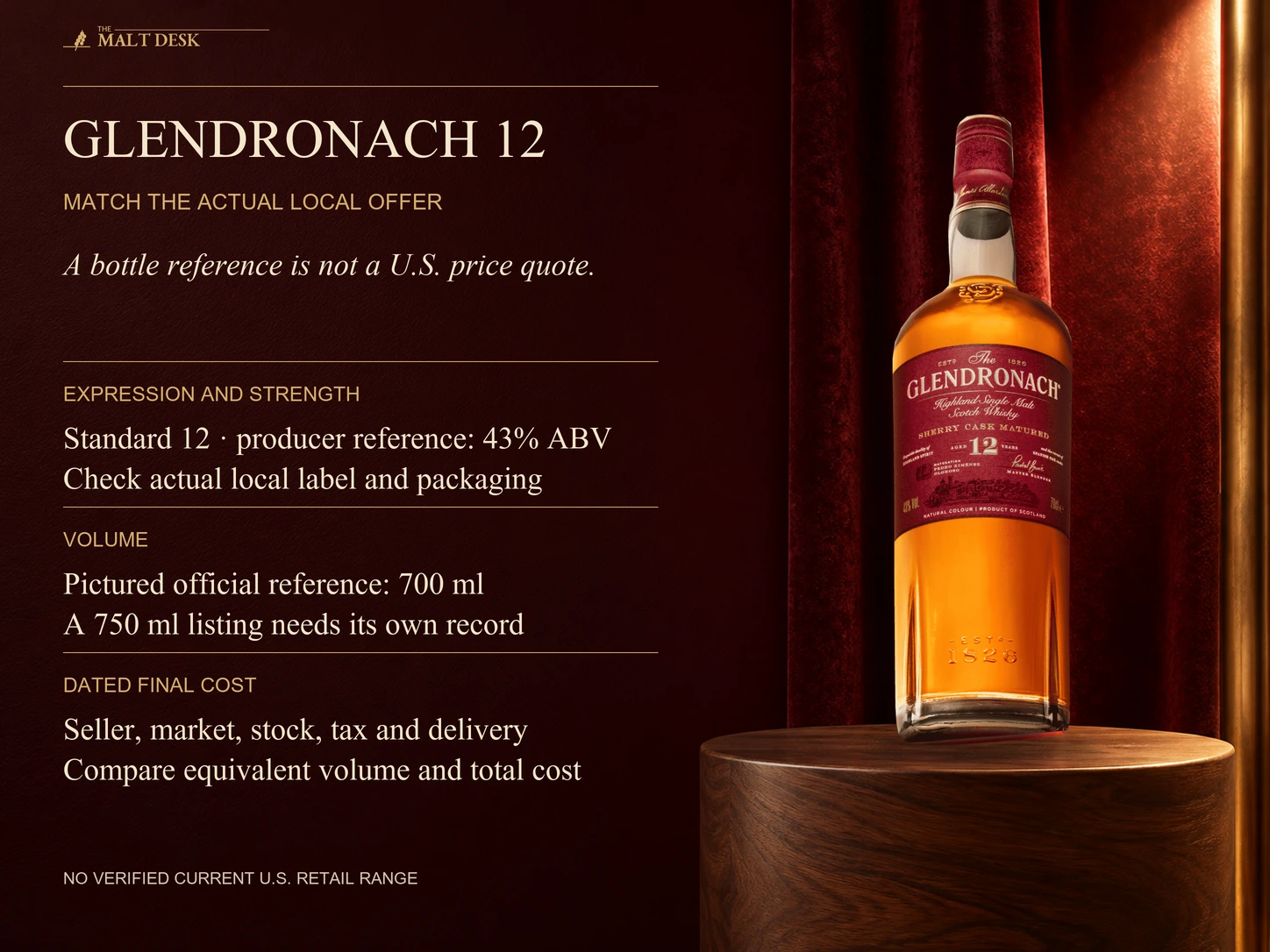 Current official GlenDronach twelve-year forty-three-percent seven-hundred-millilitre bottle with local-offer checks: exact standard expression strength packaging volume dated seller market stock tax and delivery. A seven-hundred-fifty-millilitre United States listing requires its own record and cannot inherit a pictured seven-hundred-millilitre specification or sticker-price comparison; no verified current U.S. retail range or fixed fair-price threshold is asserted.