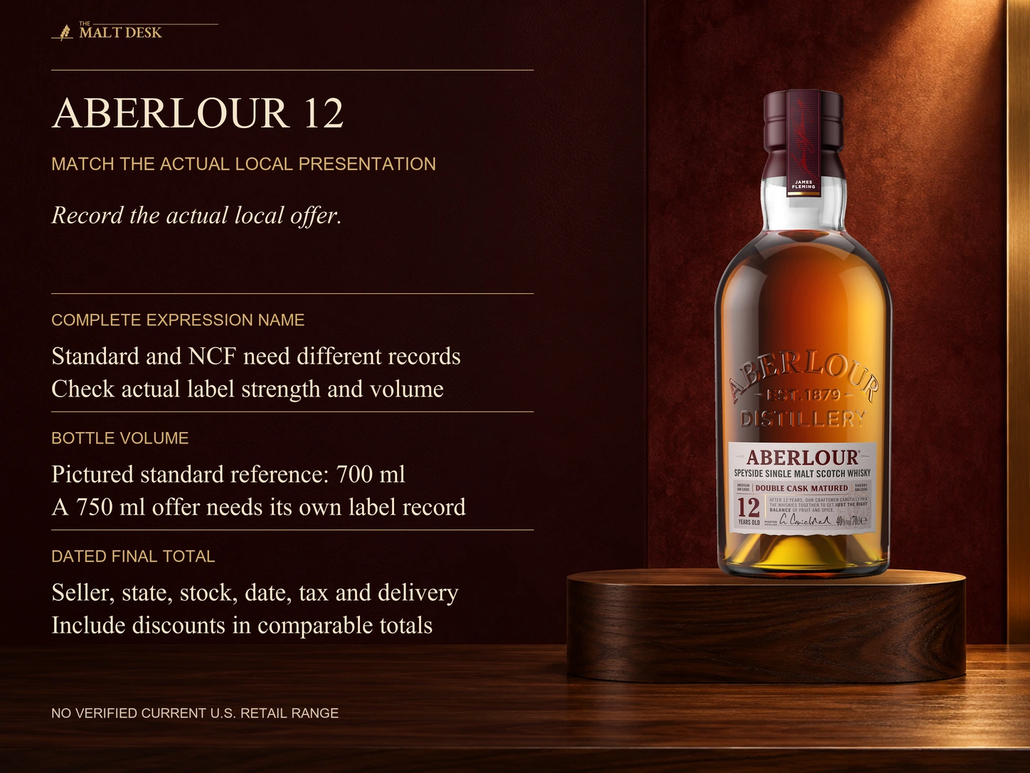 Official standard Aberlour twelve-year forty-percent seven-hundred-millilitre bottle with local-price comparison checks: distinguish standard Double Cask Matured from the separate Non Chill Filtered presentation, verify exact strength and bottle volume, and record dated seller state stock tax delivery discounts and final cost. A United States seven-hundred-fifty-millilitre offer needs its own actual label record; no current retail range or fixed fair-price threshold is asserted.