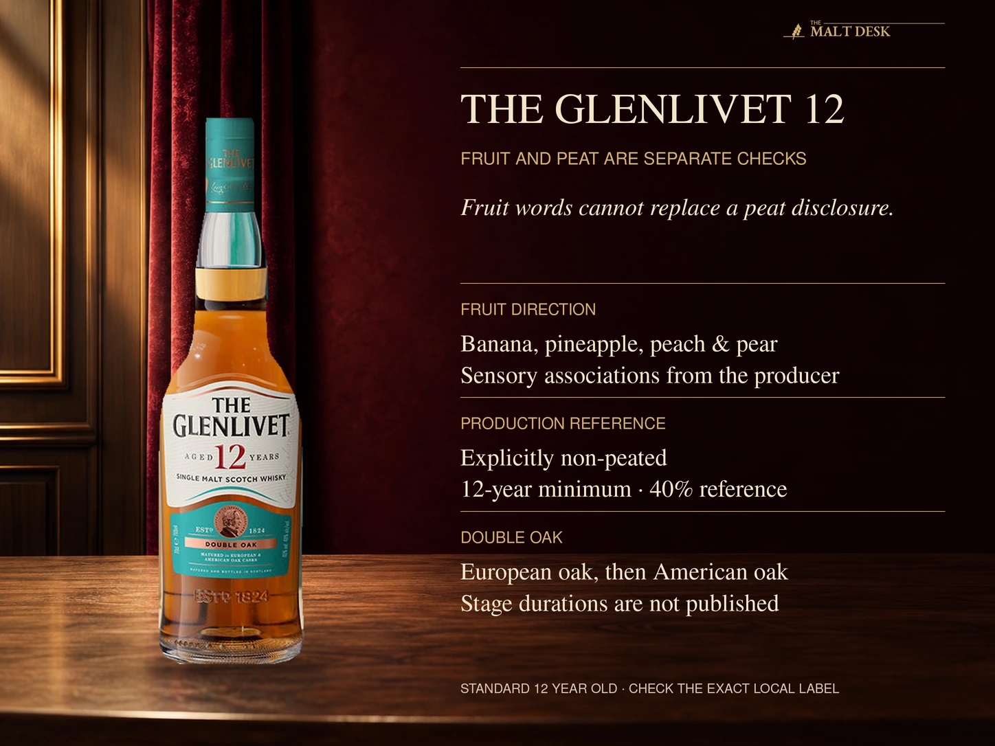 Official standard Glenlivet 12 bottle with separate fruit-profile and non-peated disclosures, twelve-year minimum and double-oak sequence