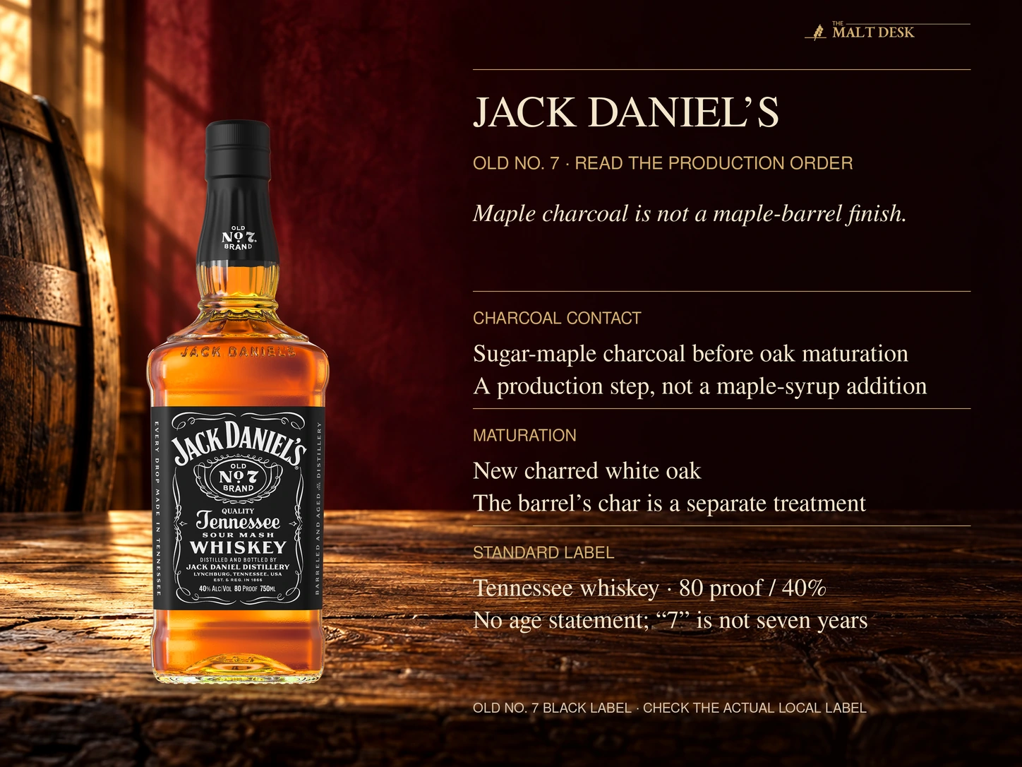 Official Jack Daniel's Old No. 7 750-milliliter 40-percent bottle with its sugar-maple charcoal step before new-charred-oak maturation, distinguishing maple charcoal from a maple-barrel finish and the name from an age statement